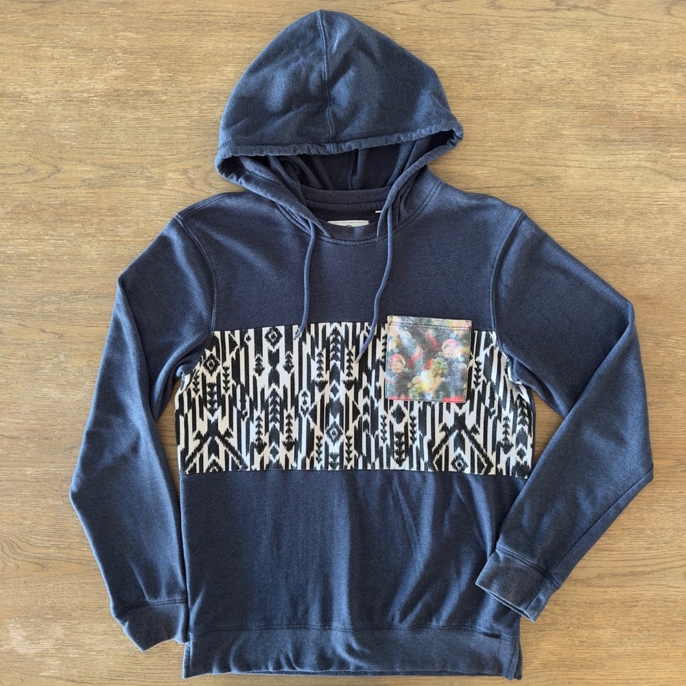 On The Byas Patchwork Hoodie Sweatshirt-Navy Aztec/Floral Combo-Size Med